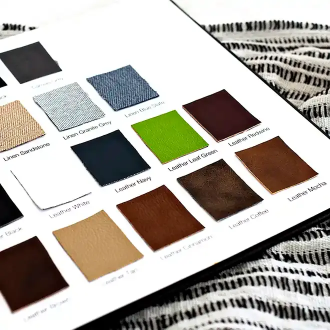 Leather cover colour samples laid out on a card